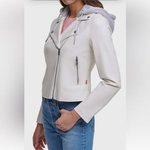 Levi’s Hooded Faux Leather Motorcycle Jacket |Size: S | Color Oyster/ White